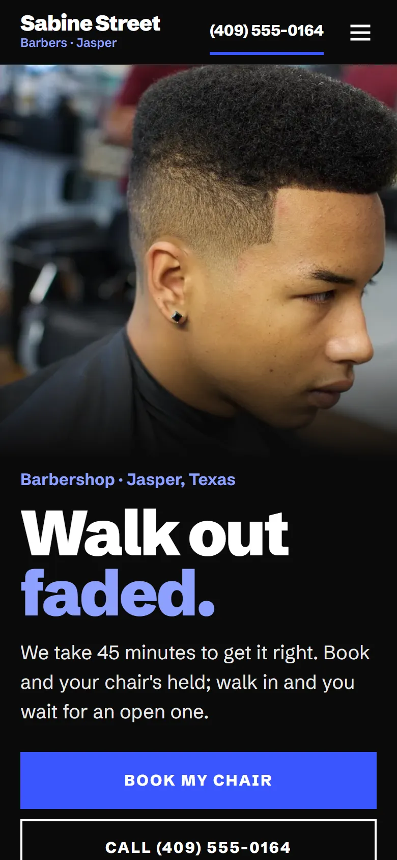 Sample barbers website on a phone