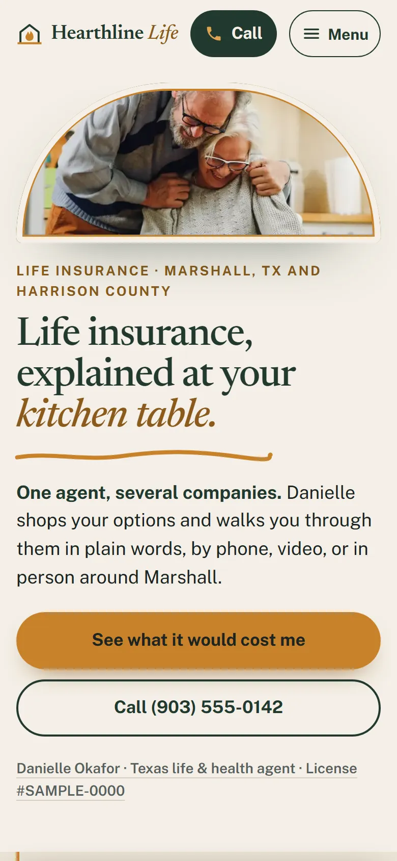 Sample insurance agents website on a phone